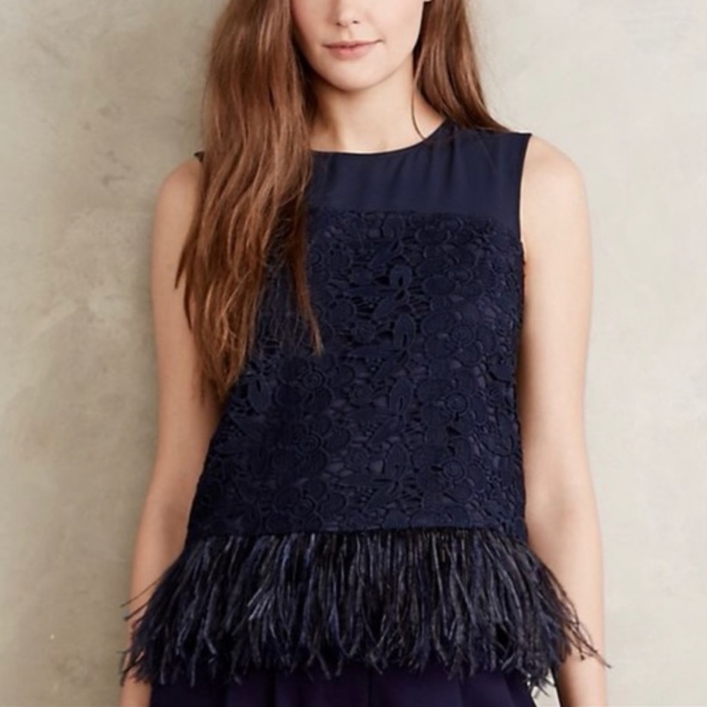 GREYLIN Navy Blue Lace and Feather Tank